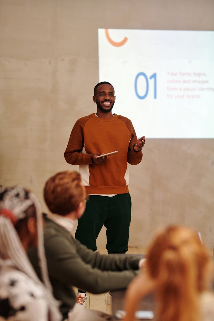 Engaging business presentation in a contemporary indoor setting with diverse audience.